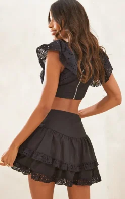Hot PrettyLittleThing Broderie Frill Trim Plunge Blouse Black