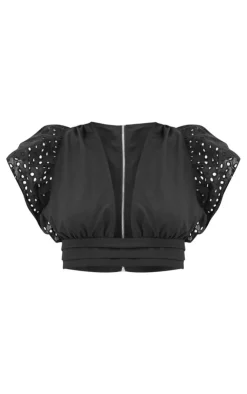 Hot PrettyLittleThing Broderie Frill Trim Plunge Blouse Black