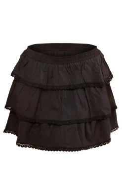 Black Broderie Trim Tiered Mini Skirt