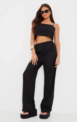 Hot PrettyLittleThing Broderie Wide Leg Pants Black