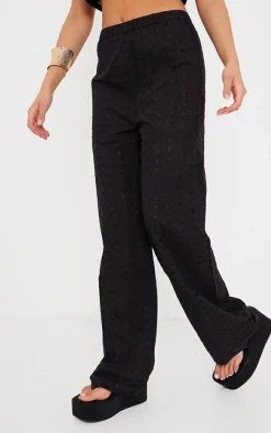 Hot PrettyLittleThing Broderie Wide Leg Pants Black