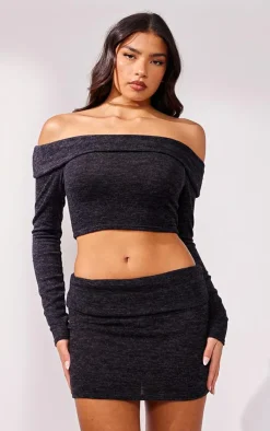 New PrettyLittleThing Brushed Fold Over Mini Skirt Black