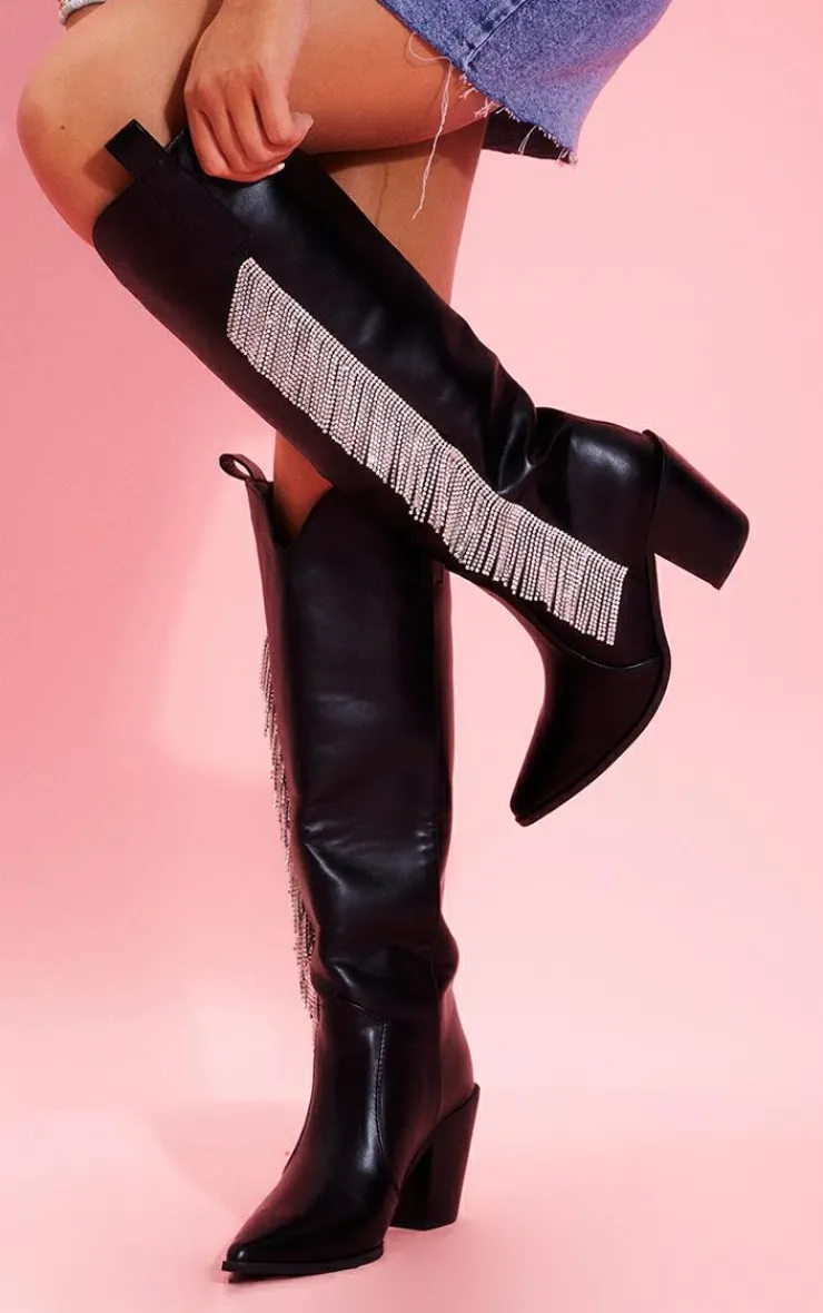 PrettyLittleThing Knee High Boots*Brushed PU Point Toe Diamante Fringe Calf High Western Boots