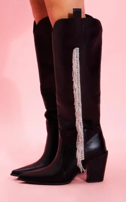 PrettyLittleThing Knee High Boots*Brushed PU Point Toe Diamante Fringe Calf High Western Boots