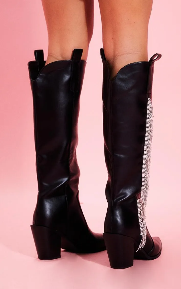 PrettyLittleThing Knee High Boots*Brushed PU Point Toe Diamante Fringe Calf High Western Boots