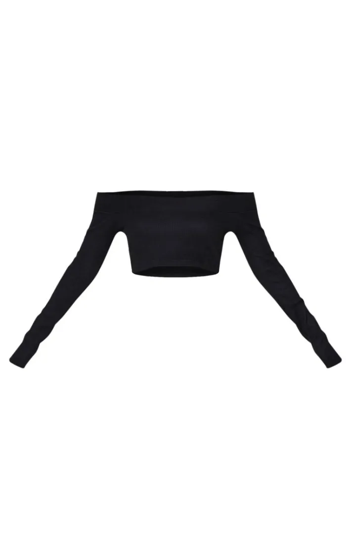 Black Brushed Rib Bardot Long Sleeve Top