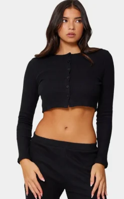 Sale PrettyLittleThing Brushed Rib Button Front Cardigan Black