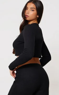 Sale PrettyLittleThing Brushed Rib Button Front Cardigan Black