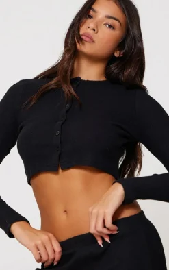 Sale PrettyLittleThing Brushed Rib Button Front Cardigan Black