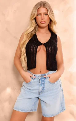 PrettyLittleThing Sleeveless Tops*Brushed Stripe Ladder Button Front Vest
