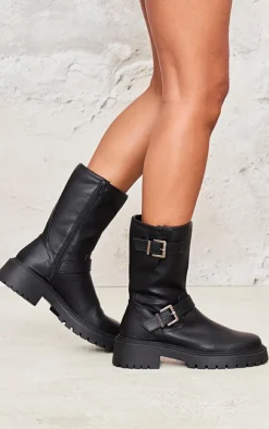 PrettyLittleThing Black Boots*Buckle Detail Mid Calf Chunky Ankle Boots
