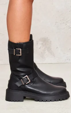 PrettyLittleThing Black Boots*Buckle Detail Mid Calf Chunky Ankle Boots