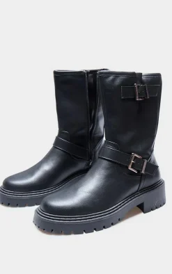 PrettyLittleThing Black Boots*Buckle Detail Mid Calf Chunky Ankle Boots