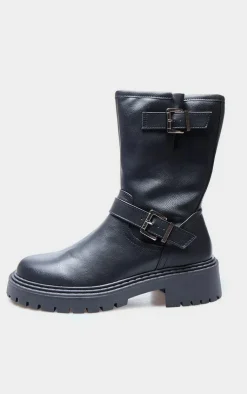 PrettyLittleThing Black Boots*Buckle Detail Mid Calf Chunky Ankle Boots