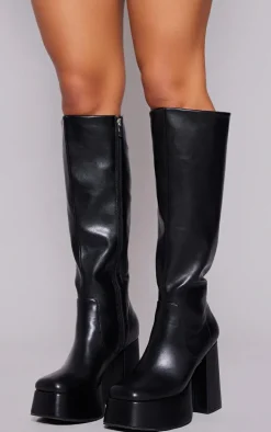 PrettyLittleThing Platforms*Burnish Faux Leather 70s Platform Knee High Boots