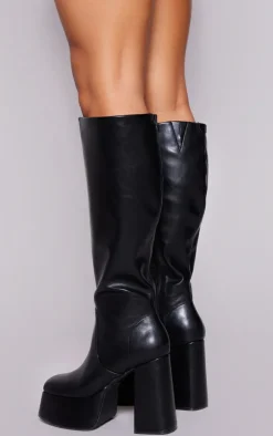 PrettyLittleThing Platforms*Burnish Faux Leather 70s Platform Knee High Boots