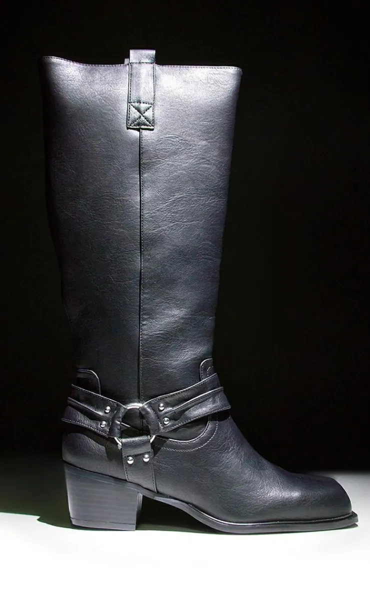 PrettyLittleThing Knee High Boots*Burnished Pu Square Toe Buckle Detail Knee High Boots