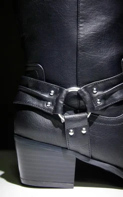 PrettyLittleThing Knee High Boots*Burnished Pu Square Toe Buckle Detail Knee High Boots