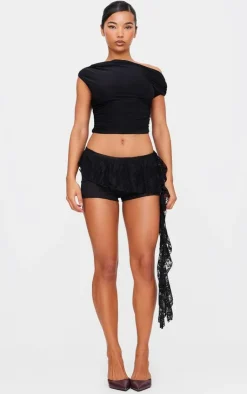 Burnout Mesh Lace Drape Hot Pants-PrettyLittleThing