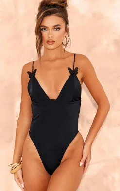 PrettyLittleThing Ski Outfits*Butterfly Applique High Leg Swimsuit