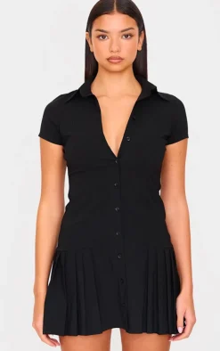 Button Down Cap Sleeve Pleated Hem Shift Dress-PrettyLittleThing New