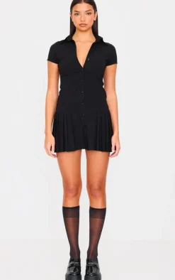 Button Down Cap Sleeve Pleated Hem Shift Dress-PrettyLittleThing New