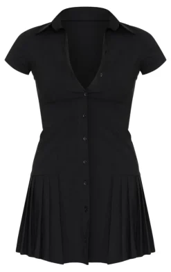 Button Down Cap Sleeve Pleated Hem Shift Dress-PrettyLittleThing New