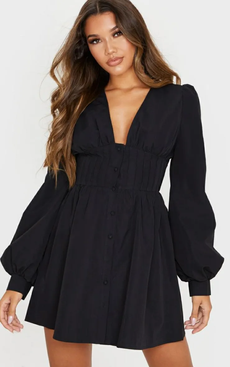 PrettyLittleThing Christmas Day Outfits*Button Front Fitted Puff Sleeve Skater Dress