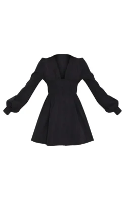 PrettyLittleThing Christmas Day Outfits*Button Front Fitted Puff Sleeve Skater Dress