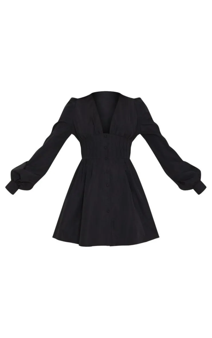 PrettyLittleThing Christmas Day Outfits*Button Front Fitted Puff Sleeve Skater Dress