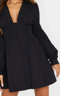 PrettyLittleThing Christmas Day Outfits*Button Front Fitted Puff Sleeve Skater Dress