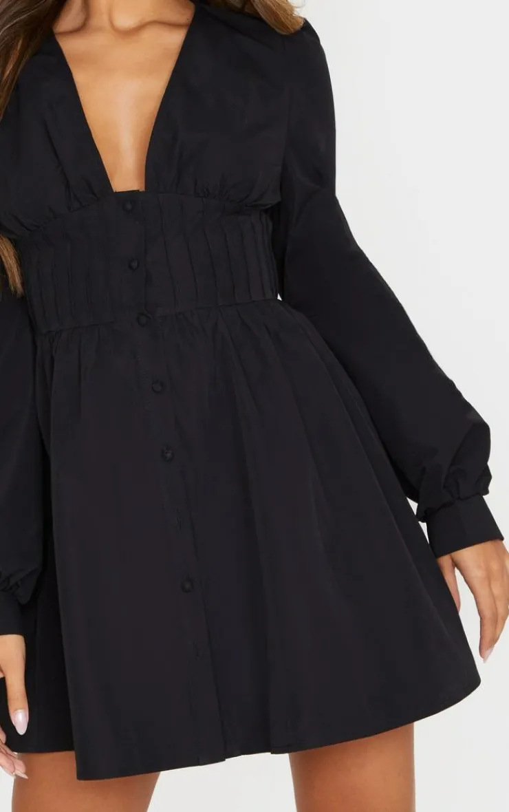 PrettyLittleThing Christmas Day Outfits*Button Front Fitted Puff Sleeve Skater Dress
