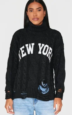 PrettyLittleThing Sweaters*Cable Knit Distressed Hem Embroidered Roll Neck Sweater