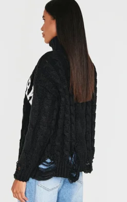 PrettyLittleThing Sweaters*Cable Knit Distressed Hem Embroidered Roll Neck Sweater