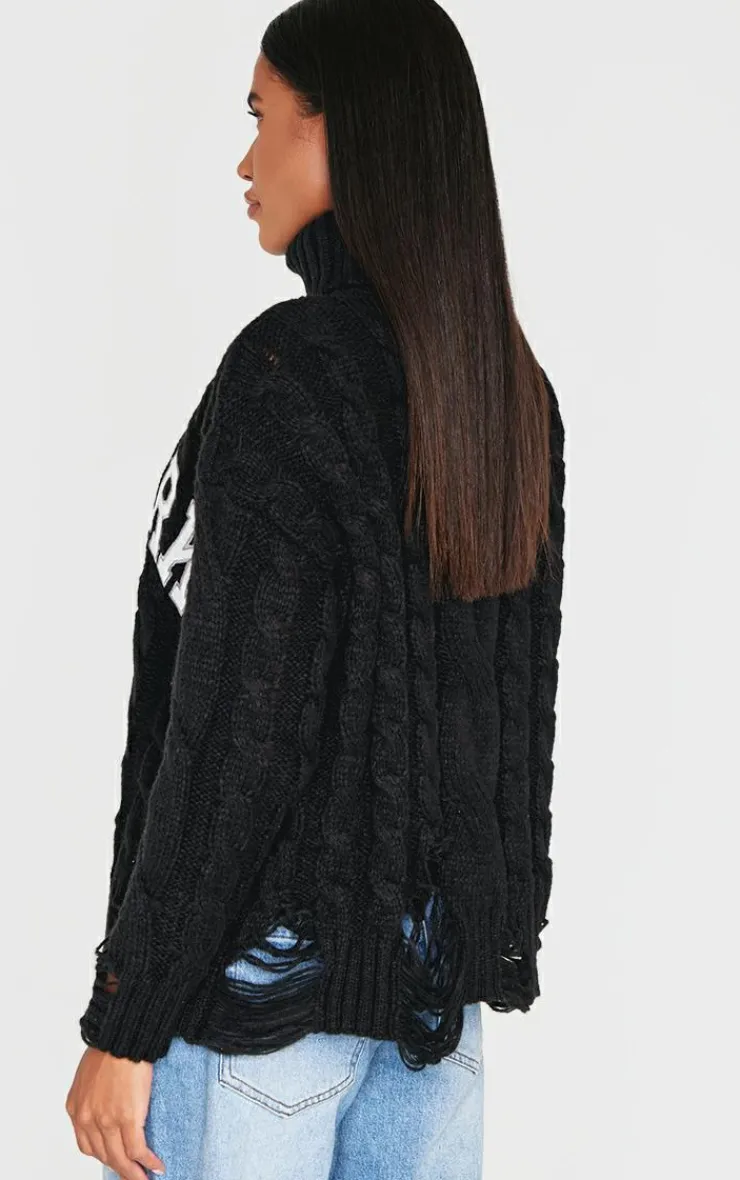 PrettyLittleThing Sweaters*Cable Knit Distressed Hem Embroidered Roll Neck Sweater