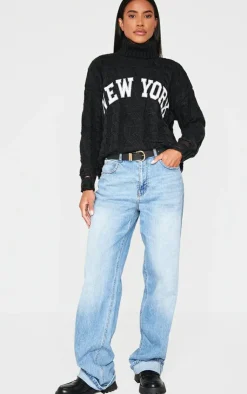 PrettyLittleThing Sweaters*Cable Knit Distressed Hem Embroidered Roll Neck Sweater