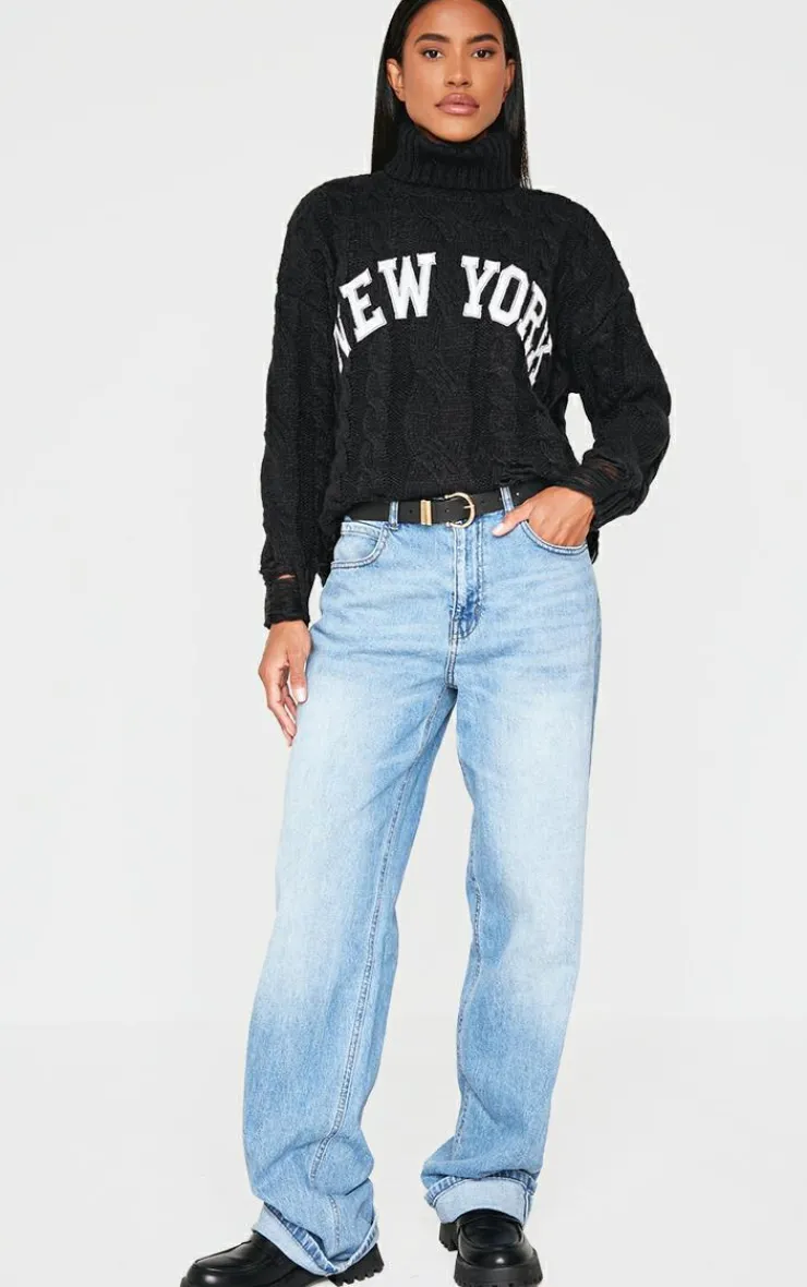 PrettyLittleThing Sweaters*Cable Knit Distressed Hem Embroidered Roll Neck Sweater