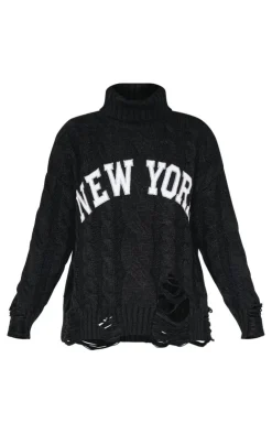 PrettyLittleThing Sweaters*Cable Knit Distressed Hem Embroidered Roll Neck Sweater