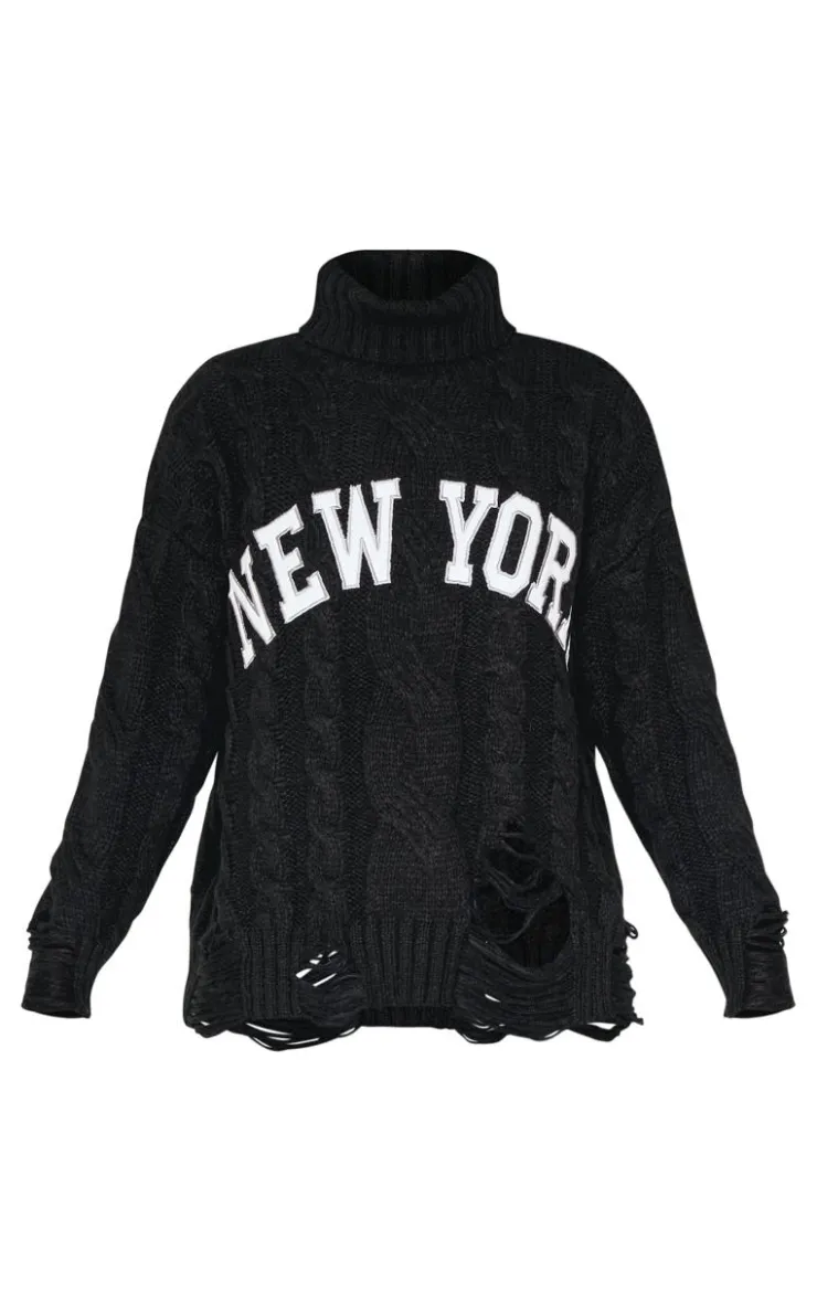 PrettyLittleThing Sweaters*Cable Knit Distressed Hem Embroidered Roll Neck Sweater