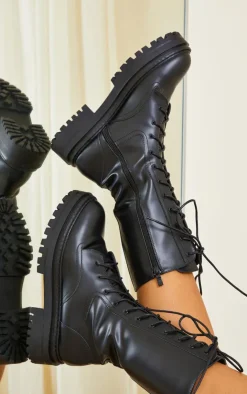 PrettyLittleThing Black Boots*Calf High Lace Up Chunky Biker Boots