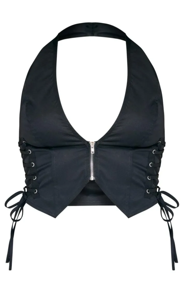 Black Cargo Lace Up Side Zip Up Crop Top