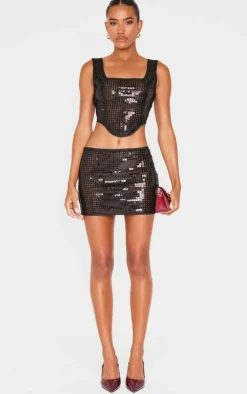 New PrettyLittleThing Chain Sequin Micro Mini Low Rise Skirt Black