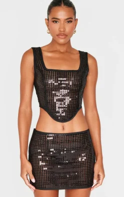 New PrettyLittleThing Chain Sequin Micro Mini Low Rise Skirt Black