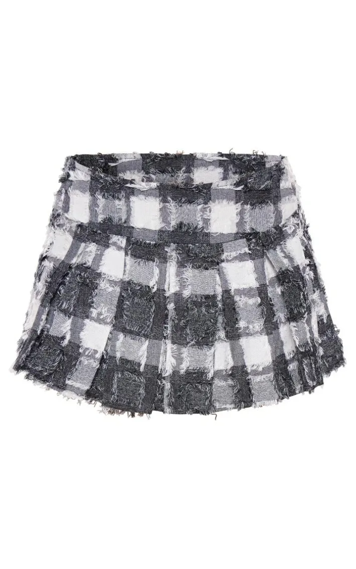 Black Checkered Distressed Micro Mini Skater Skirt