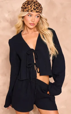 Hot PrettyLittleThing Cheesecloth Tie Front Long Sleeve Top Black