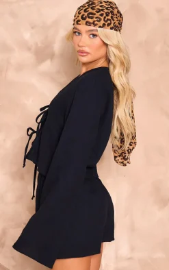Hot PrettyLittleThing Cheesecloth Tie Front Long Sleeve Top Black