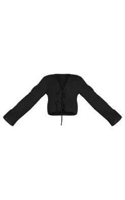 Hot PrettyLittleThing Cheesecloth Tie Front Long Sleeve Top Black