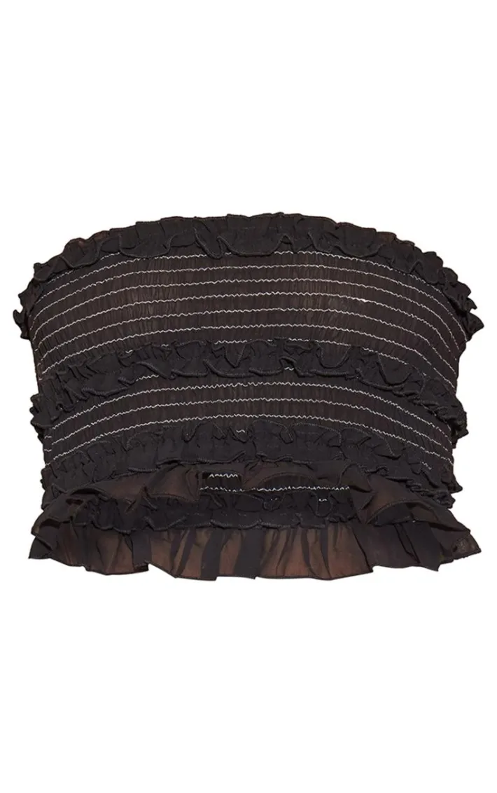 Black Chiffon Contrast Stitch Shirred Bandeau Crop Top