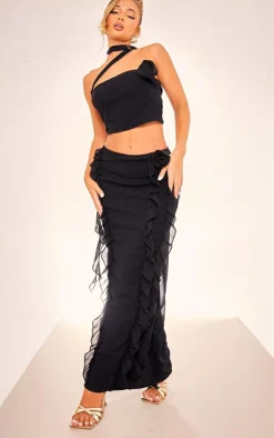 Clearance PrettyLittleThing Chiffon Corset Rosette Scarf Detail Top Black