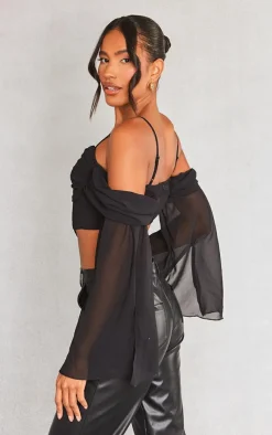 PrettyLittleThing Corsets*Chiffon Drape Hook And Eye Flare Sleeve Corset